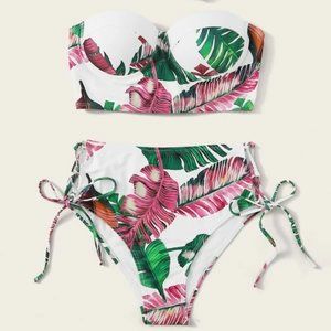 Random Plant Push Up Tie Side Bikini Swimsuit